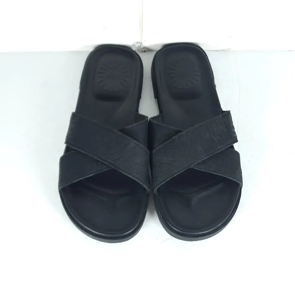 UGG Men's Brookside US 7 Black Leather Criss Cross Flat Slide Sandals Shoes